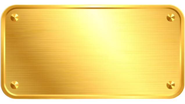 A shiny gold plaque with a brushed finish, featuring rounded corners and four mounting screws.