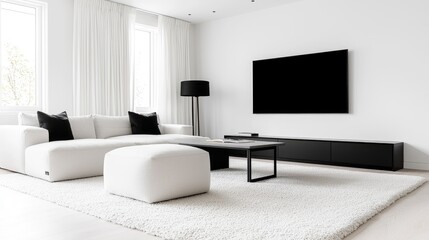 Modern minimalist living room interior design, white sofa, TV, large rug