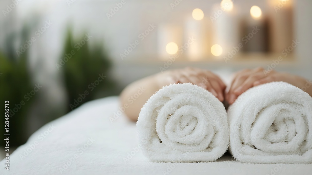 Poster luxury spa setting with neatly rolled white towels ready for a relaxing massage experience in a peac