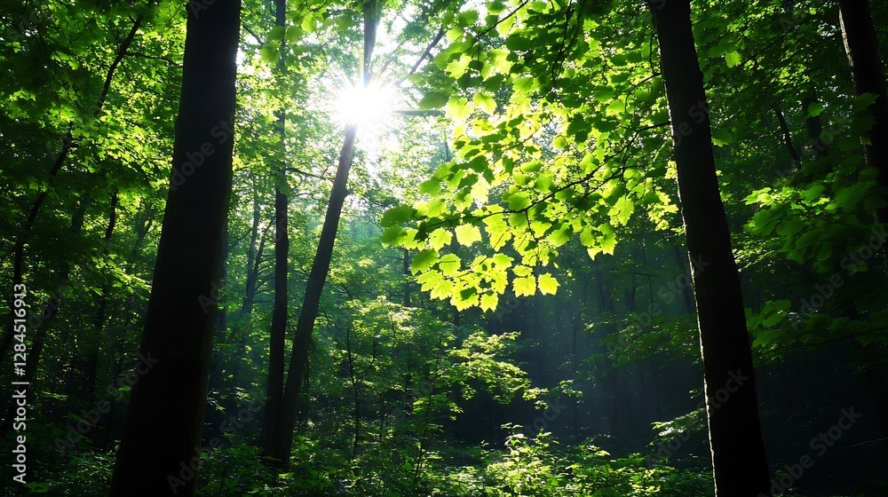 Aufkleber Sunlight filtering through lush green trees creating a serene forest atmosphere and tranquility : Generative AI