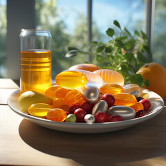 pills in a glass jar Healthy Vitamins and Fruits