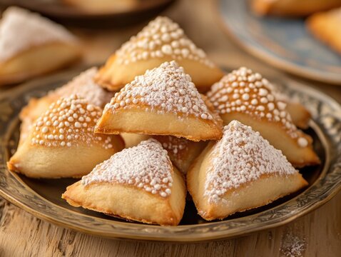 Close up of powdered sugar covered cookies on a plate.