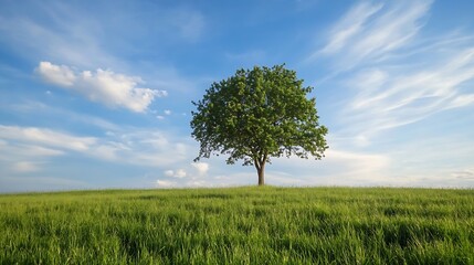 Obraz premium Lone tree standing tall on a vibrant green field under a beautiful blue sky : Generative AI