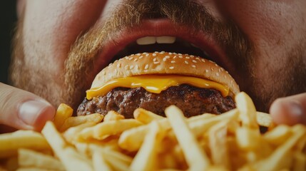 Close-up of man eating large burger with french fries, fast food overload, guilty pleasure, unhealthy eating habits.