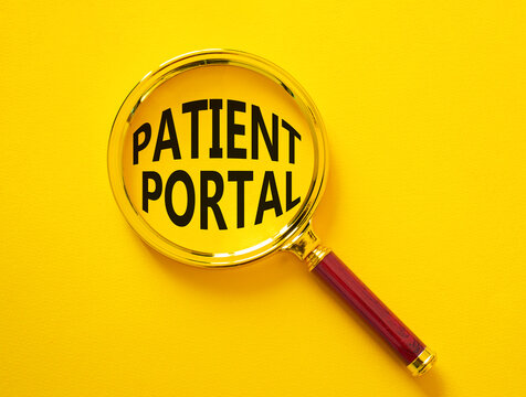 Patient Portal symbol. Magnifying glass with words Patient Portal. Beautiful yellow background. Medicine and Patient Portal concept. Copy space. - Powered by Adobe