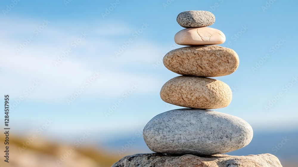 Poster Carefully balanced stones creating a tranquil stack against a bright blue sky : Generative AI