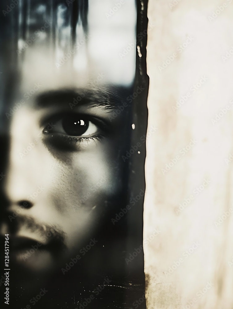 Poster Intense closeup of a man's face partially hidden in shadows highlighting deep emotion and soulful gaze : Generative AI