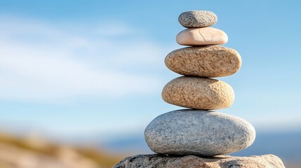 Carefully balanced stones creating a tranquil stack against a bright blue sky : Generative AI