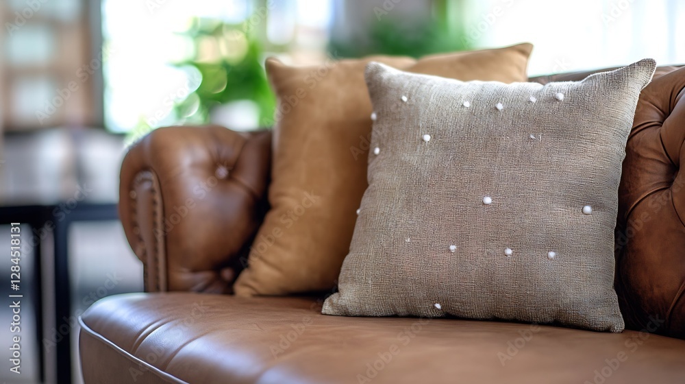 Poster stylish living room sofa adorned with decorative pillows creating a cozy and inviting atmosphere for