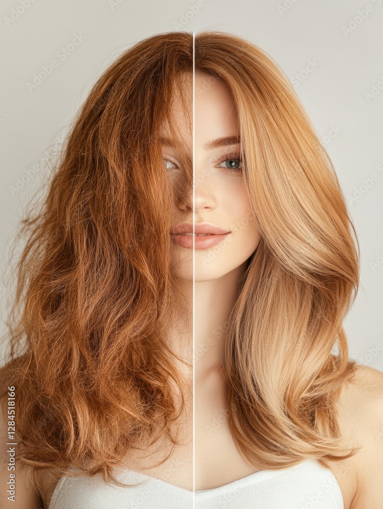 Poster Transformation of hair style showcasing unkempt on the left and professionally styled on the right with vibrant color contrast. Generative AI