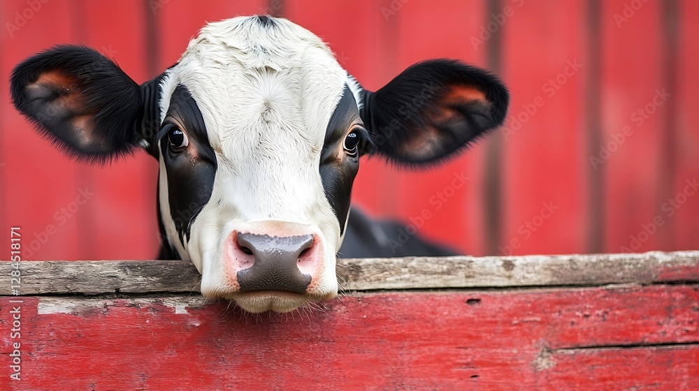 Poster close up view of a curious cow looking over a wooden fence with a vibrant red barn background : gene