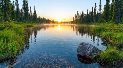 Naklejka premium Sunrise over tranquil lake in pine forest. Peaceful morning scene. Potential use Nature wallpaper, desktop background