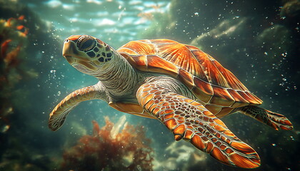 Fototapeta premium Turtle swimming in the ocean, Generative AI