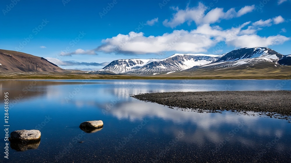 Poster stunning landscape view of mountains and cloudy sky reflected in a peaceful lake with rocks in the f