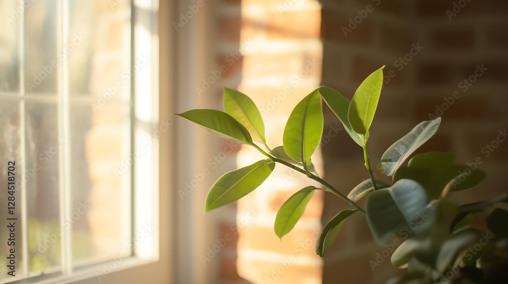 Poster sunlight streaming through a window onto vibrant green leaves in a cozy indoor setting : generative 