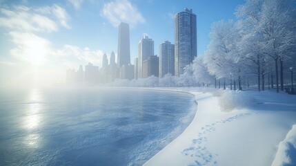 Winter Chicago shoreline, frost-covered trees, city skyline, tranquil morning