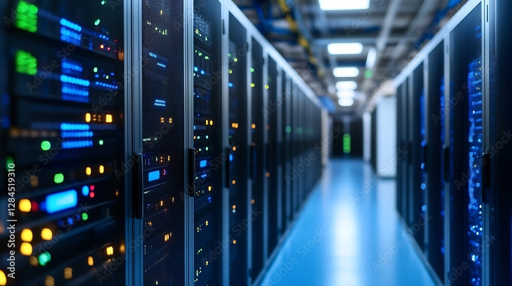 Poster Modern Data Center with Servers and LED Indicators for HighTech Storage Solutions : Generative AI