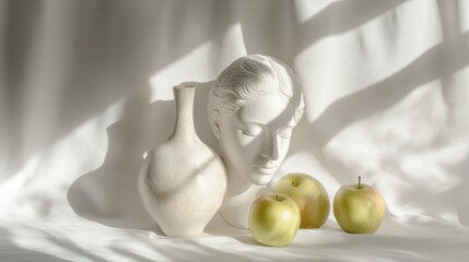 Still life with ceramic vase, female bust sculpture, and apples on white fabric
