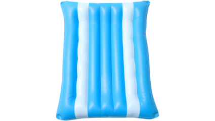 A blue inflatable pool float with white stripes, designed for relaxation on water.