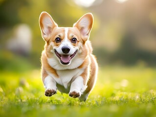 Energetic Corgi Running Through Green Park for Pet Product Advertising