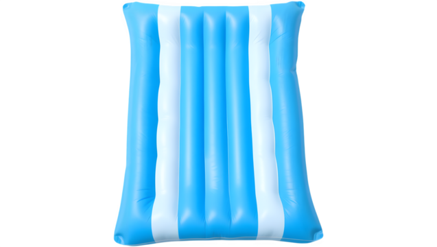A blue inflatable pool float with white stripes, designed for relaxation on water.
