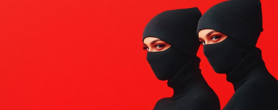 Two mysterious women in black balaclavas against vibrant red background