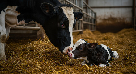 Mother cow licking her newborn calf in a barn