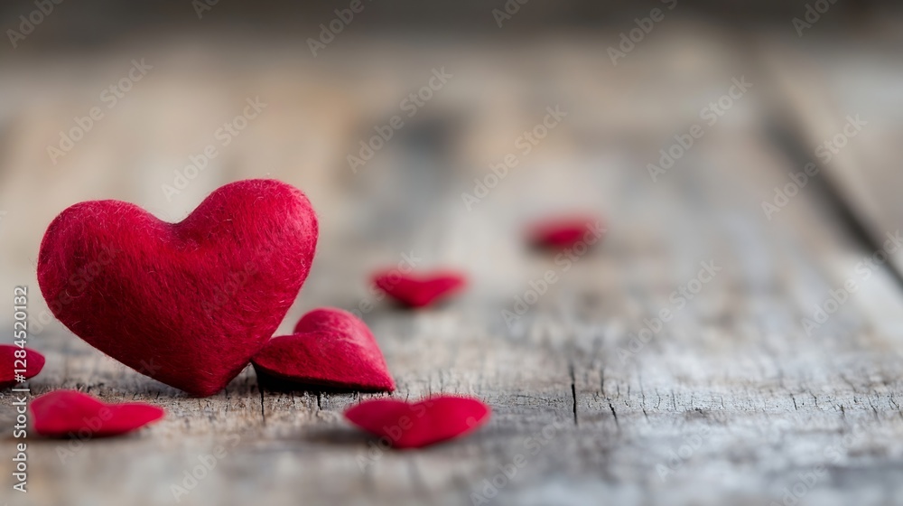 Poster beautiful red felt heart on wooden table surrounded by smaller hearts perfect for love and affection
