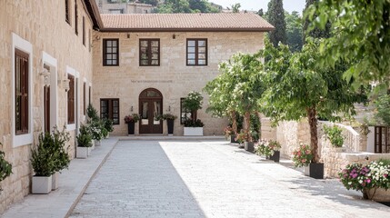Fototapeta premium Courtyard of historic stone building, sunny day, hillside background, tourism