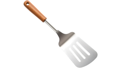 A stainless steel spatula with a wooden handle, designed for flipping and serving food.