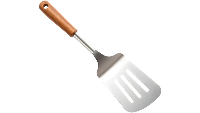 A stainless steel spatula with a wooden handle, designed for flipping and serving food.