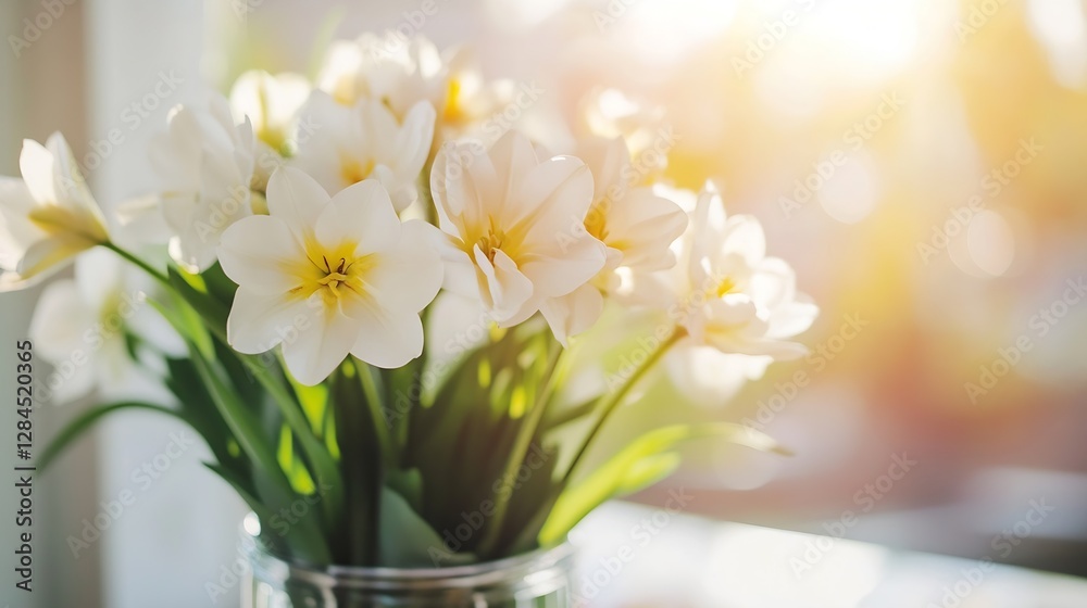 Aufkleber Elegant bouquet of white flowers in a vase illuminated by sunlight creating a serene and joyful atmosphere : Generative AI