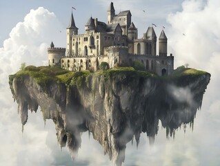 floating castle island, fantasy architecture, cloudy sky, aerial view, mystical ambiance