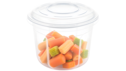 A clear container filled with colorful baby carrots and chopped vegetables.