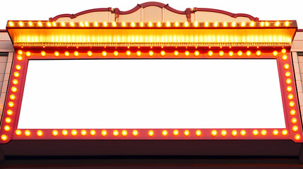 A blank movie theater marquee with a red border and yellow lights on a white background