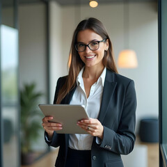 Smart Executive Woman Dressed in Casual Chic Using a Tablet at Work
