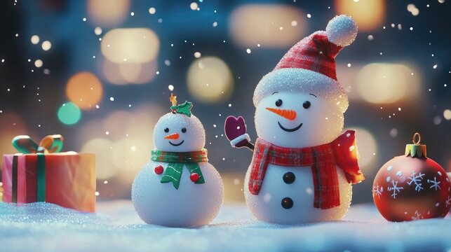 A holiday festive image featuring snowmen, santa claus and christmas decorations. A perfect stock photo for winter celebrations.