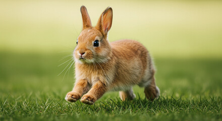 Fototapeta premium Fluffy baby rabbit sitting on green grass