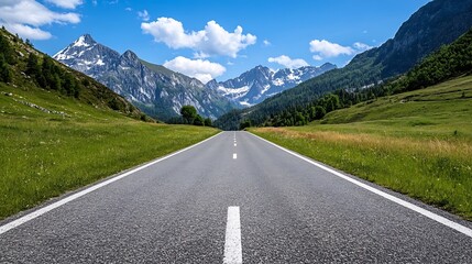 Fototapeta premium Breathtaking landscape view of an open road stretching toward majestic mountains : Generative AI