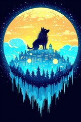 Lone Wolf Under the Moonlit Cityscape A Digital Art Print