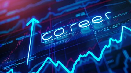 The word "Career", made by neon blue letters, and a blue neon arrow directed up, against the background of digital graphs. The concept of professional growth and career success.