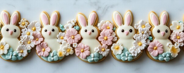 Obraz premium Adorable bunny cookies with floral decorations on marble surface