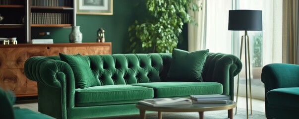Obraz premium Elegant green living room with velvet sofa and indoor plants in sunlit space