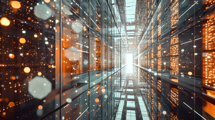 
A high-tech cryptocurrency mining farm with rows of powerful computers, glowing lights, and cooling systems, ultra-detailed
