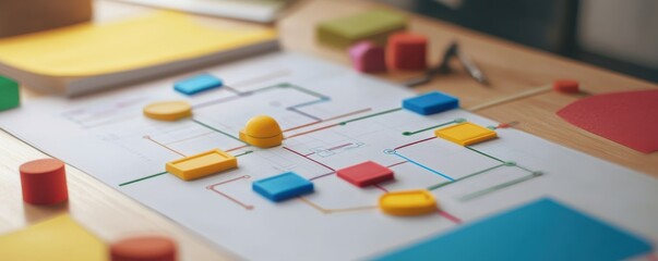 Fototapeta premium Colorful blocks and diagrams on desk representing creative office planning