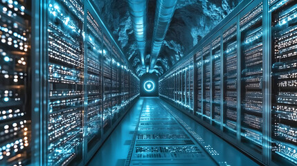 
A high-tech cryptocurrency mining farm with rows of powerful computers, glowing lights, and cooling systems, ultra-detailed