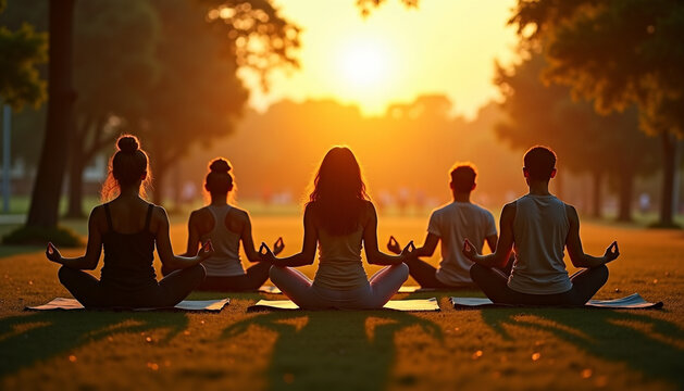 Sunset Meditation: Group Finding Collective Inner Peace, Group yoga class in park - Powered by Adobe
