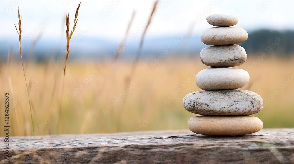 Poster stack of smooth stones balanced on wooden plank represents tranquility and harmony in nature : gener