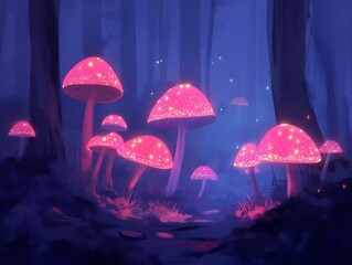 glowing mushrooms, forest scene, pink and purple hues, magical atmosphere, fantasy setting