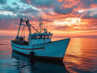 A fishing boat floating on calm water during a sunset